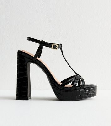 Black Croc Effect Platform Sandals