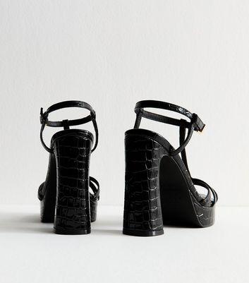 Black Croc Effect Platform Sandals