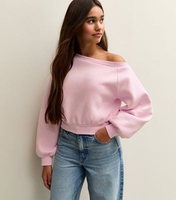 Girls Light Pink Oversized Off Shoulder Sweatshirt