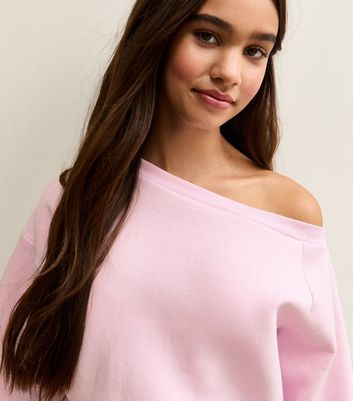 Girls Light Pink Oversized Off Shoulder Sweatshirt