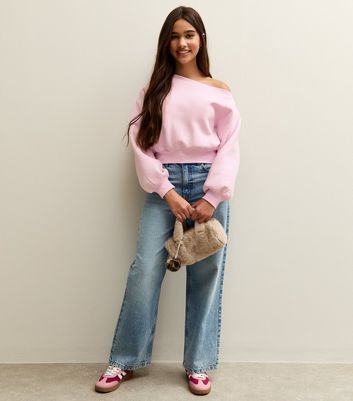 Girls Light Pink Oversized Off Shoulder Sweatshirt 3 Girls Light Pink Oversized Off Shoulder Sweatshirt