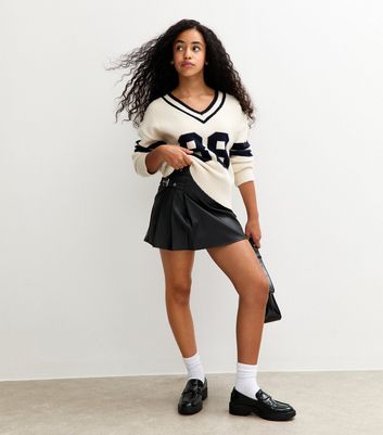 Girls Black Faux Leather Kilt Skort