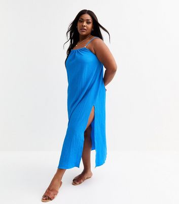 Curves Blue Crinkled Slit Hem Dress