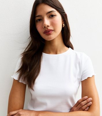 White Ribbed Frilly Trim T-Shirt