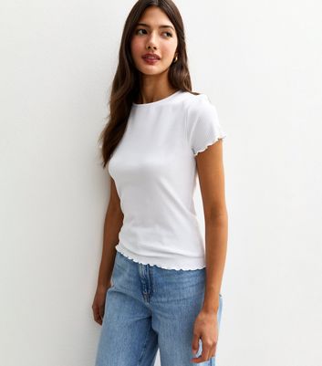 White Ribbed Frilly Trim T-Shirt