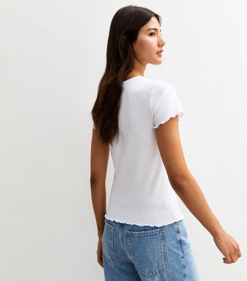 White Ribbed Frilly Trim T-Shirt