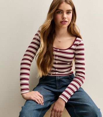Girls Red Stripe Cropped Long Sleeve Top
