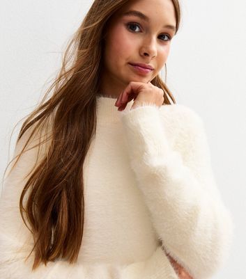 Girls Cream Textured Knit High Neck Jumper