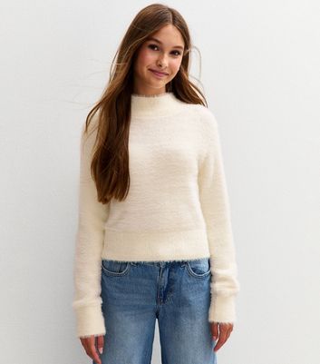 Girls Cream Textured Knit High Neck Jumper