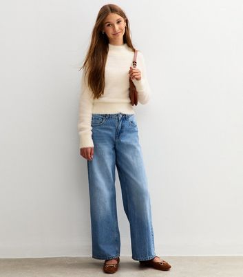 Girls Cream Textured Knit High Neck Jumper