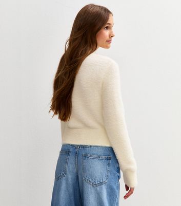 Girls Cream Textured Knit High Neck Jumper