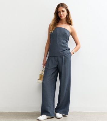 Blue Textured Striped Wide Leg Trousers