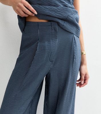 Blue Textured Striped Wide Leg Trousers
