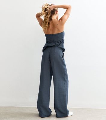 Blue Textured Striped Wide Leg Trousers