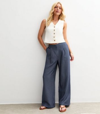 Blue Textured Striped Wide Leg Trousers