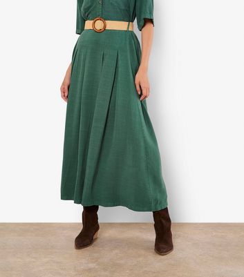 Apricot Green Boho Belted Midi Skirt