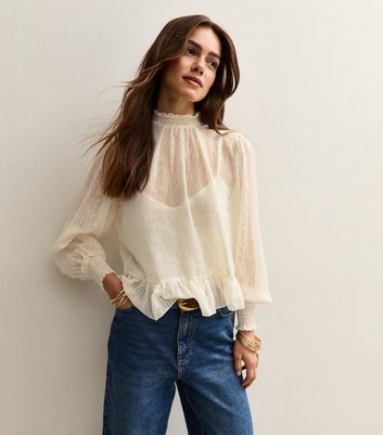 Petite White Burnout Chiffon High Neck Blouse