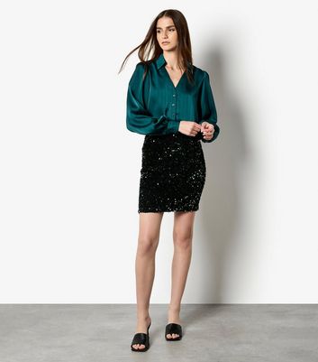 Apricot Dark Green Sequin Mini Skirt