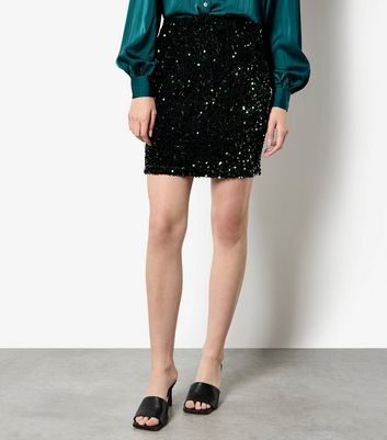 Apricot Dark Green Sequin Mini Skirt