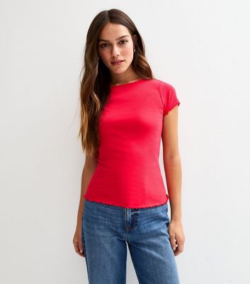 Petite Red Ribbed Lettuce Trim Short Sleeve Tee