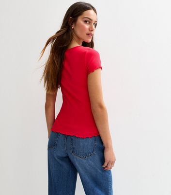 Petite Red Ribbed Lettuce Trim Short Sleeve Tee