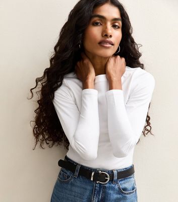 Petite White Crew Neck Long Sleeve Bodysuit