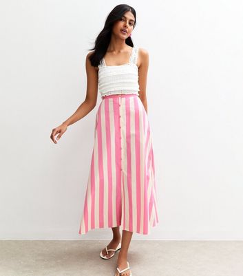 Pink Stripe Print Poplin Button Front Midi Skirt