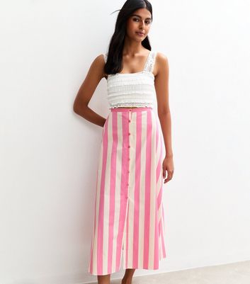 Pink Stripe Print Poplin Button Front Midi Skirt