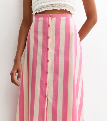 Pink Stripe Print Poplin Button Front Midi Skirt