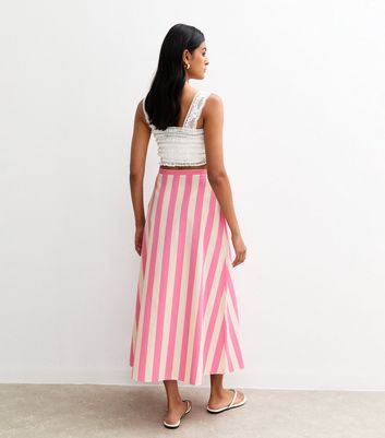 Pink Stripe Print Poplin Button Front Midi Skirt