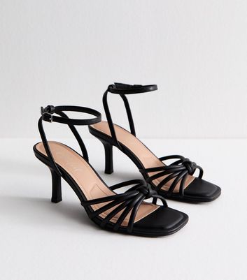 Black Faux Leather Knot Detail Low Stiletto Sandals