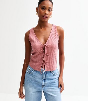Pink Ribbed Pointelle Effect Tie Front Vest