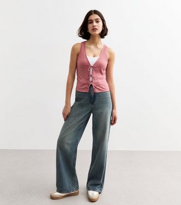 Pink Ribbed Pointelle Effect Tie Front Vest 5 Pink Ribbed Pointelle Effect Tie Front Vest