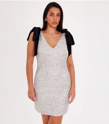 QUIZ Silver Sequin Bows Mini Dress