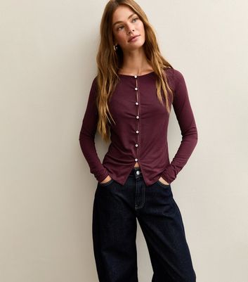 Burgundy Button Through Long Sleeve Top