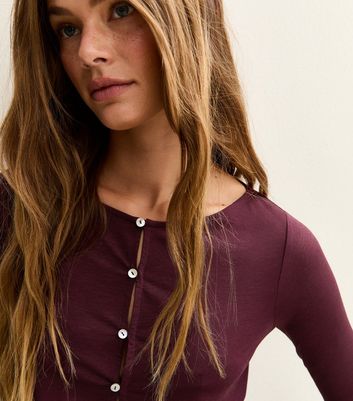 Burgundy Button Through Long Sleeve Top
