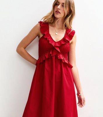 Bright Red Ruffle Trim Shirred Bust Midi Dress