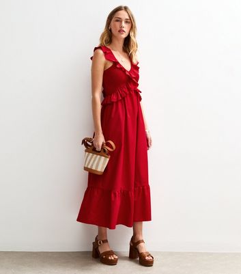 Bright Red Ruffle Trim Shirred Bust Midi Dress