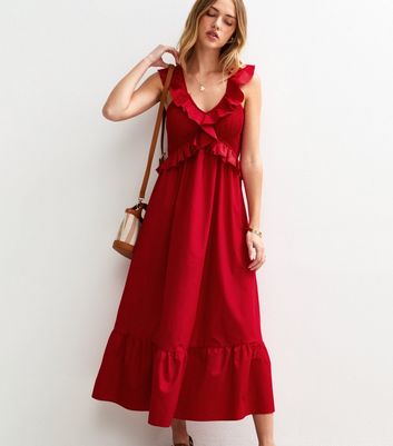 Bright Red Ruffle Trim Shirred Bust Midi Dress