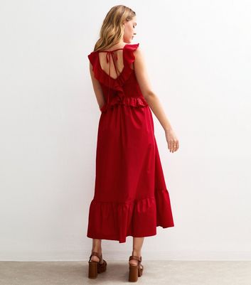 Bright Red Ruffle Trim Shirred Bust Midi Dress