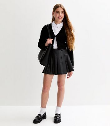 Girls Black Faux Leather Asymmetric Pleated School Skort 5 Girls Black Faux Leather Asymmetric Pleated School Skort