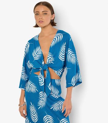 Apricot Blue Palm Leaf Print Tie Front Top