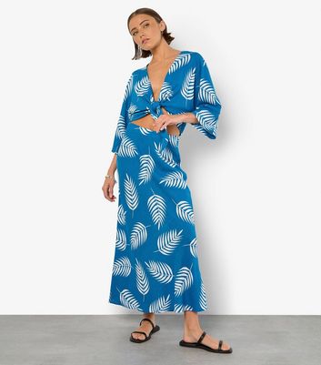 Apricot Blue Palm Leaf Print Tie Front Top