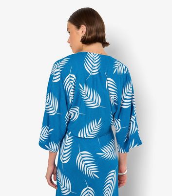 Apricot Blue Palm Leaf Print Tie Front Top 3 Apricot Blue Palm Leaf Print Tie Front Top