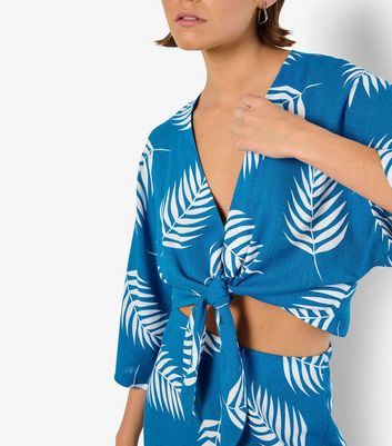 Apricot Blue Palm Leaf Print Tie Front Top 4 Apricot Blue Palm Leaf Print Tie Front Top