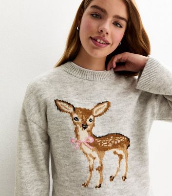 Girls Grey Deer Motif Jumper