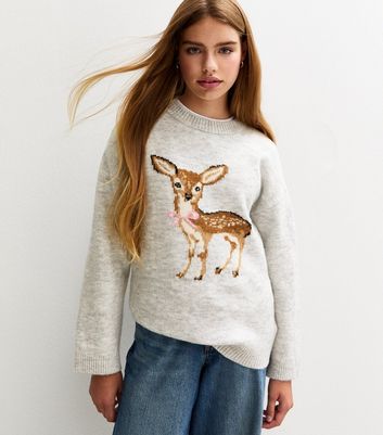 Girls Grey Deer Motif Jumper