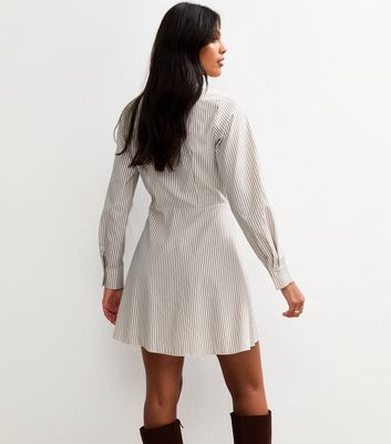 Brown Striped Mini Shirt Dress