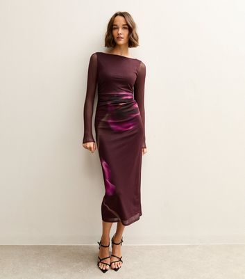 Burgundy Flower Ruched Mesh Midi Dress