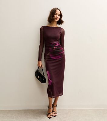 Burgundy Flower Ruched Mesh Midi Dress
